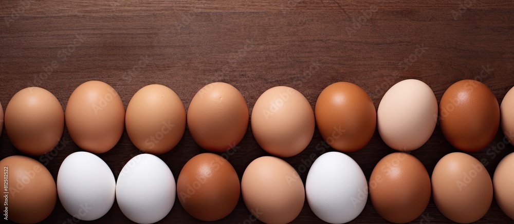 Poster Multiple light brown and dark brown eggs are arranged on paper panels with several laying hens positioned closely together in the copy space image