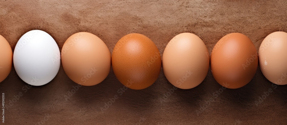 Poster Multiple light brown and dark brown eggs are arranged on paper panels with several laying hens positioned closely together in the copy space image