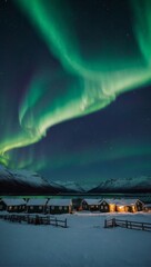 Arctic Radiance, Green Northern Lights Illuminate the Norwegian Night Sky.