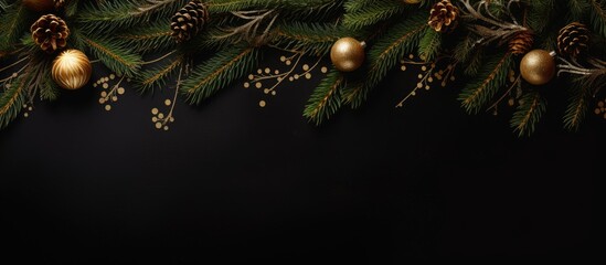 A festive New Year greeting card showcasing Christmas decorations xmas tree branches all elegantly arranged on a black background The top view offers a charming copy space image