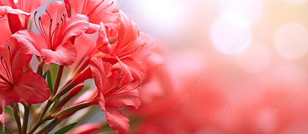 Poster Blooming red oleander flowers with a blurred bokeh background creating a visually appealing copy space image
