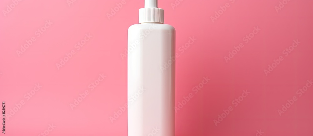 Poster a white dispenser for shampoo cream or soap is seen from a top view on a pink background with plenty