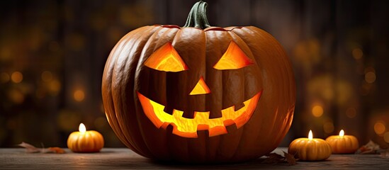 A spooky Jack o Lantern with a glowing candle adds a festive touch to Halloween decorations This scary face carved into a pumpkin brings the spooky season to life against a green background providing