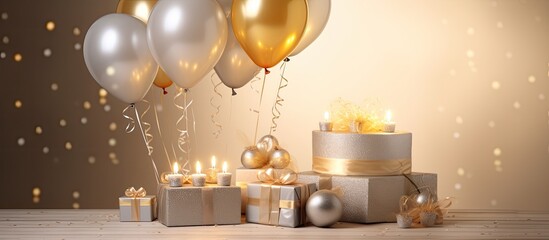 The birthday or anniversary party supplies are highlighted by soft creamy lighting that accentuates the white silver and gold colors The image also provides ample space for adding text