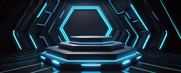 3d rendering illustration modern futuristic podium stage platform with neon lighting and black background for premium produt business technology.ai generated