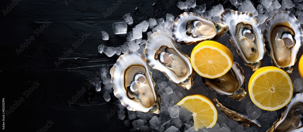 Poster Overhead view of whole oysters presented on a rustic slate table accompanied by ice and slices of fresh lemon creating a captivating copy space image