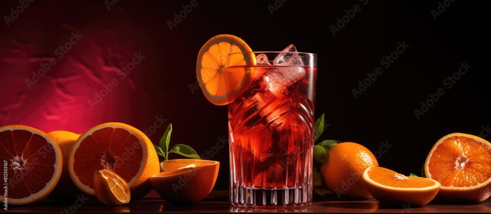 Poster a panoramic view of negroni cocktails featuring blood oranges with a designated space available for 