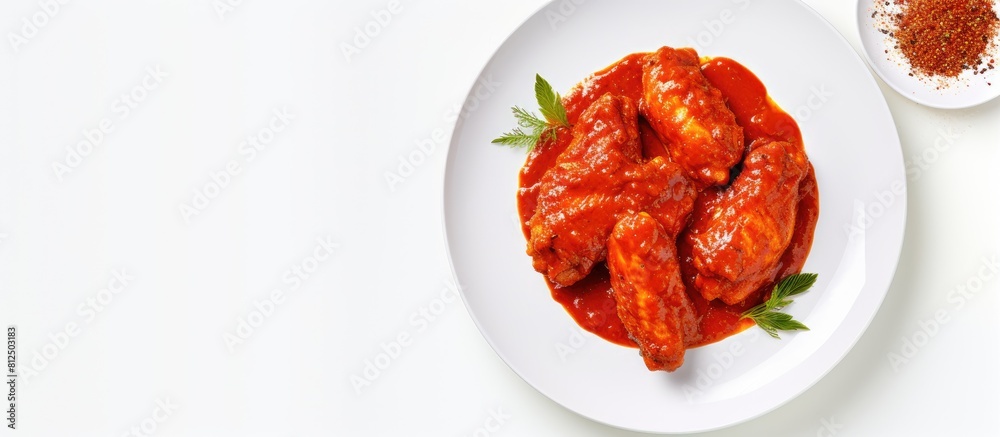Aufkleber top view of spicy fried chicken wings in paprika sauce presented on a white plate against a white ba