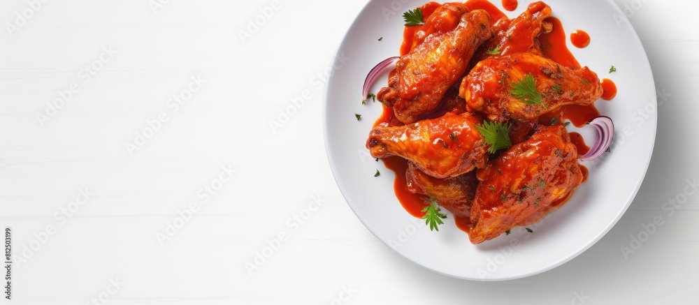 Aufkleber top view of spicy fried chicken wings in paprika sauce presented on a white plate against a white ba