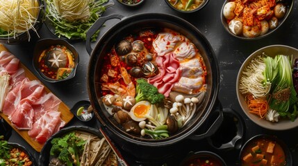 Top view of Japanese shabu hotpot set