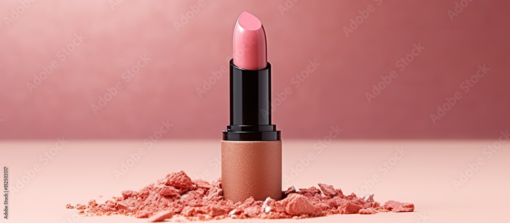 Poster a picture with copy space shows lipstick eye shadow and a sponge on a pink background
