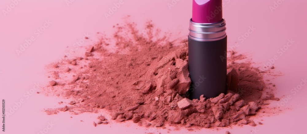Poster a picture with copy space shows lipstick eye shadow and a sponge on a pink background