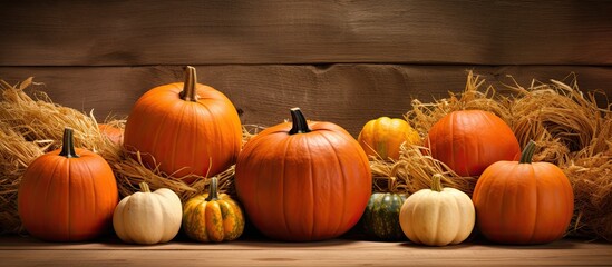 A picturesque composition of orange and peachy pumpkins rest on a bed of straw set against a rustic plank wood backdrop This image captures the essence of an abundant Thanksgiving fall harvest and of