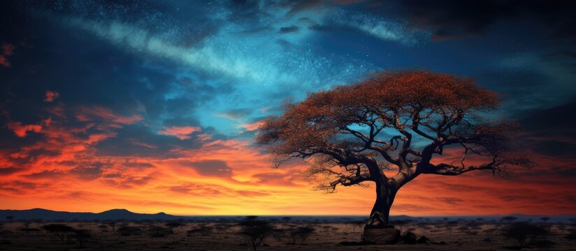A picturesque black Afara tree against a vibrant sky providing ample copy space for images