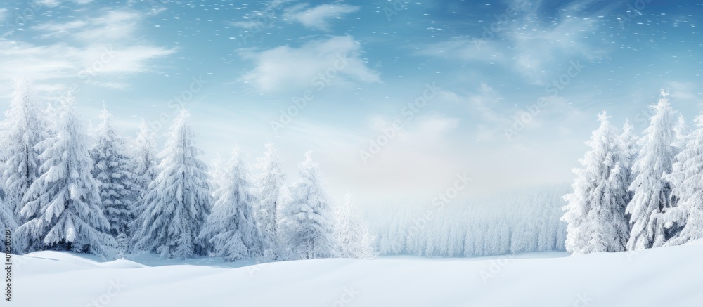 Poster a picturesque winter scene with snowy fir branches forming a copy space image against the backdrop o