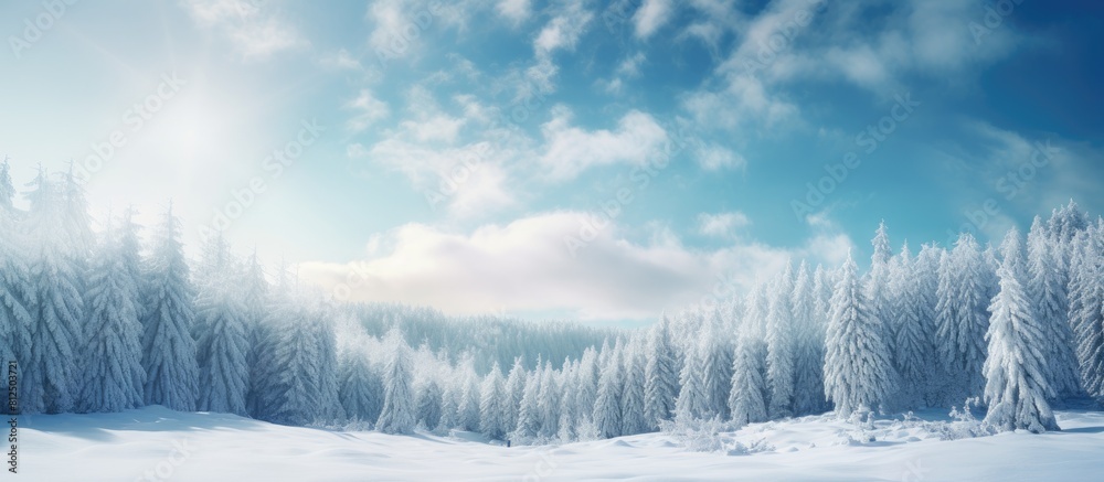 Poster A picturesque winter scene with snowy fir branches forming a copy space image against the backdrop of a natural forest landscape The sky is clear and bright adding to the enchantment of this outdoor