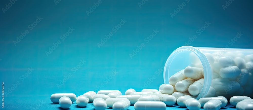 Poster Prescription pills and medication with a copy space image in the background spilled from a bottle onto a blue pastel surface