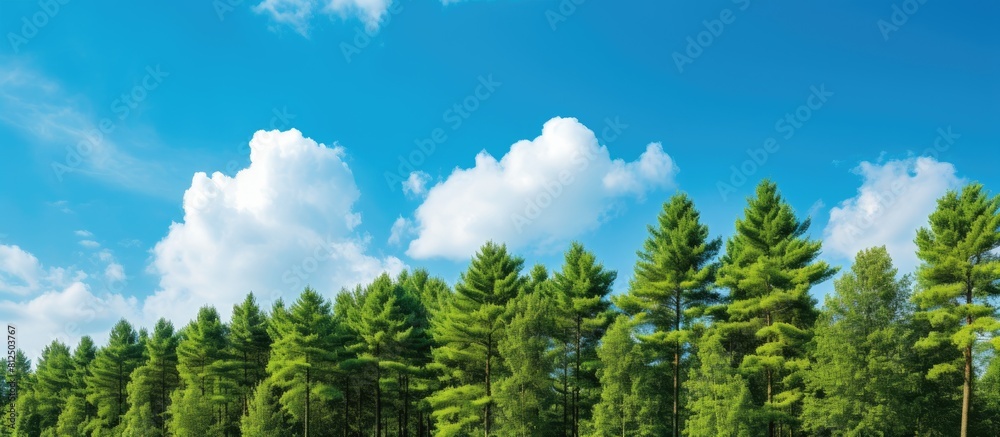 Aufkleber a picturesque scene of tall trees with a clear blue sky adorned by fluffy white clouds offering ampl