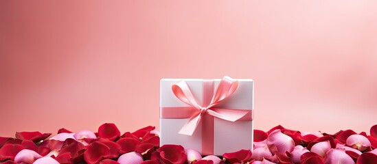 A pink background with a frame and copy space image holds a concept of International Women s Day featuring a gift box pink ribbon and red rose petals