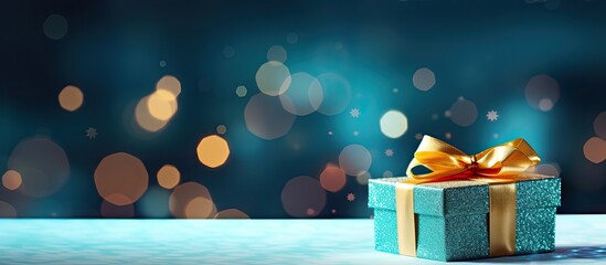 A holiday greeting card with a Christmas gift box placed against a vibrant turquoise bokeh background providing ample copy space for customization