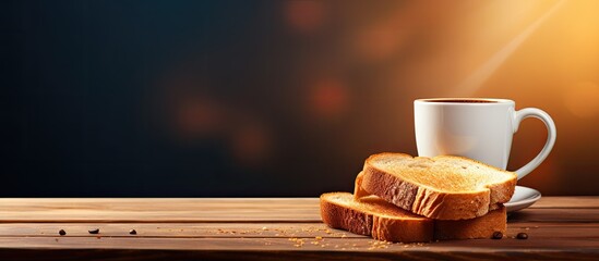 A coffee cup placed next to a slice of toast in a copy space image - Powered by Adobe