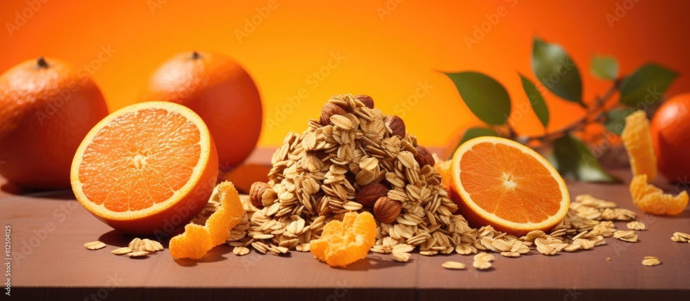 Poster a portion of organic granola is displayed with vibrant red oranges in the copy space image