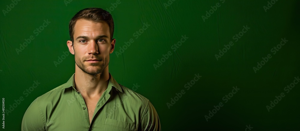 Poster a man in a green shirt poses in a studio with a copy space image of a brown background