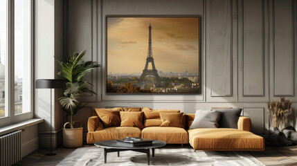 A large framed picture of the Eiffel Tower is hanging on the wall of a living ro