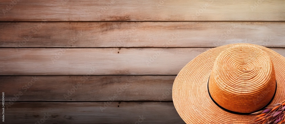 Poster wooden background with a beach hat providing copy space in the image
