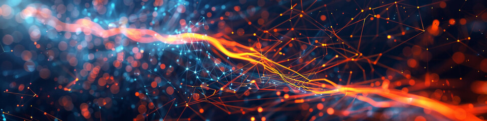 Neon indigo and fiery orange lines creating a mesmerizing display of digital communication points in an abstract space.