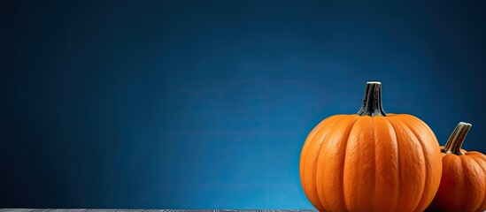 A pumpkin sits on a copy space image of a dark blue Halloween background