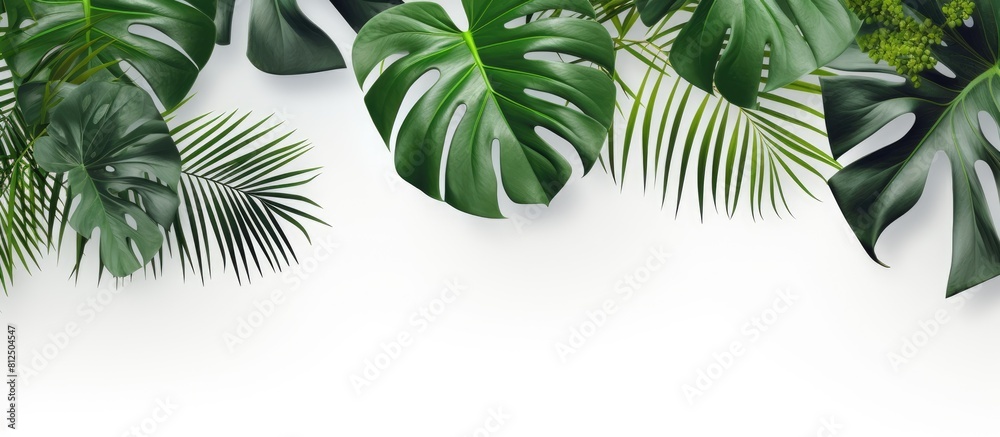 Poster A realistic and organic arrangement of tropical leaves casts natural shadows on a white textured background perfect for overlaying on product presentations backdrops and mockups Copy space image
