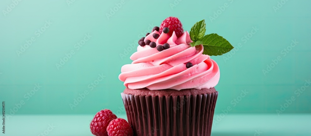 Poster A cupcake decorated with raspberry and mint toppings adorned with frosting on a pink background with copy space image