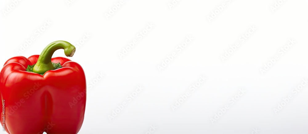 Poster a red bell pepper stands alone on a plain white background offering ample copy space for text