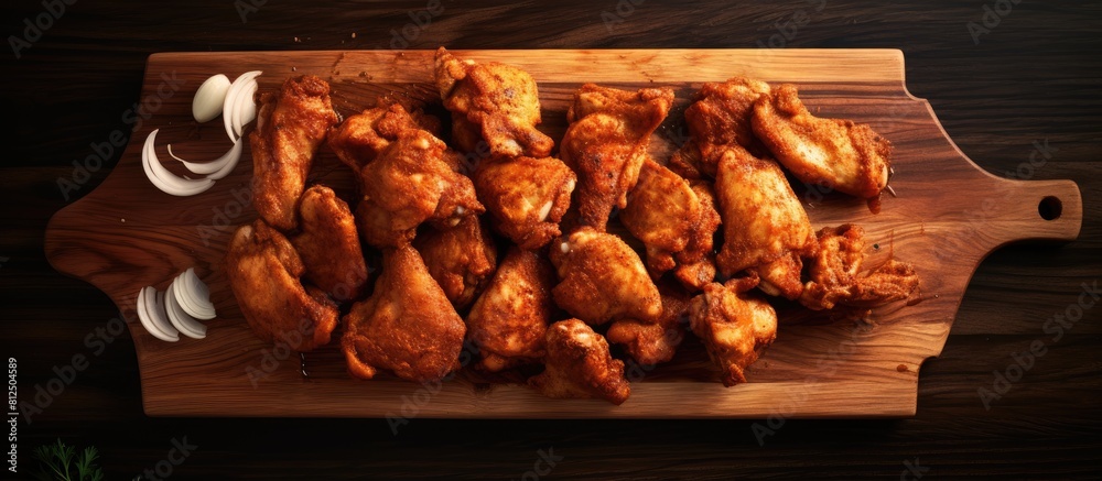 Poster ready to fry chicken thigh pieces arranged on a cutting board creating a copy space image