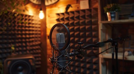 Professional microphone in soundproof room. Equipment for recording podcasts, voiceovers, and music.