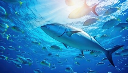 Fototapeta premium Groups of giant Tuna fish in the underwater, coral reef, amazing underwater life, various fish and exotic coral reefs, ocean wild creatures background