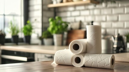 Kitchen paper rolls isolated on a background of a kitchen table