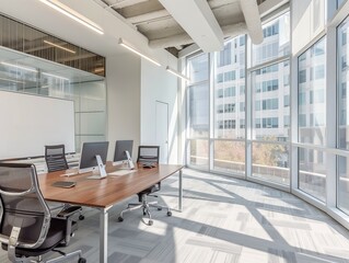 Bright and sleek office meeting space with city view.
