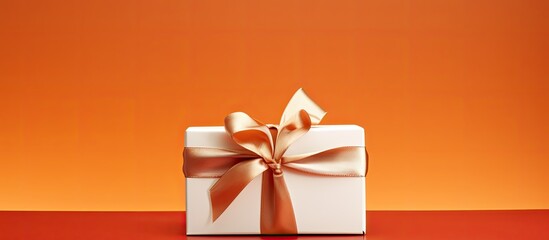 The white gift box with a red ribbon is set against an orange background offering ample copy space for posting messages and advertising representing joyful moments