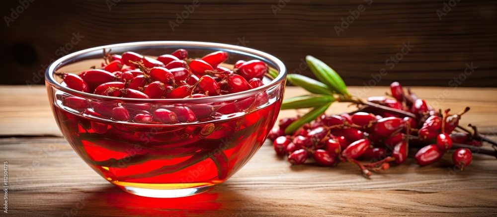 Aufkleber A revitalizing cocktail of honeysuckle berries is displayed in a small bowl against a natural wood background providing plenty of space for adding text. Creative banner. Copyspace image