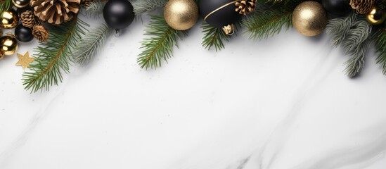 A blank label rests among fir tree branches and black and golden Christmas decorations on a white marble table creating a winter holiday flat lay with ample copy space