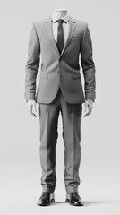 Elegant gray suit with black shoes on a mannequin. Created with Generative AI.