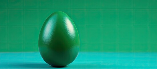 A colorful Easter egg rests on a green background providing ample space for additional images or text