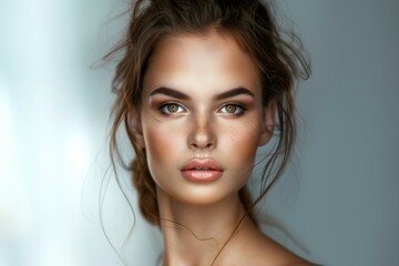 Naklejka premium Beautiful brunette woman with long hair, radiant perfect skin, beauty industry, beauty and health.
