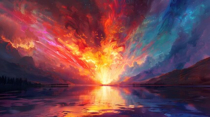 A dynamic collision of vivid hues erupting into a breathtaking power splash, casting an ethereal glow across the landscape
