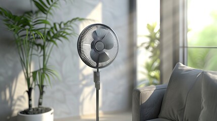 3D illustration of a stand fan mockup with a warm interior backdrop
