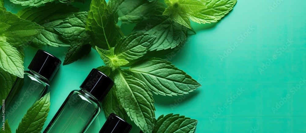 Poster Top view of men s cosmetic bottles with mint leaves on a colorful background creating a visually appealing copy space image