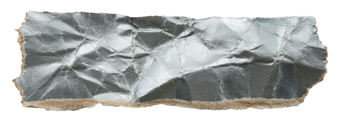 A piece of crumpled silver paper with folds and wrinkles on a white background. Torn paper or cardboard