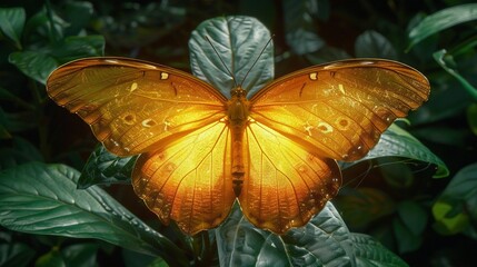   A butterfly perched atop a verdant foliage, droplets adorning its wings in yellow